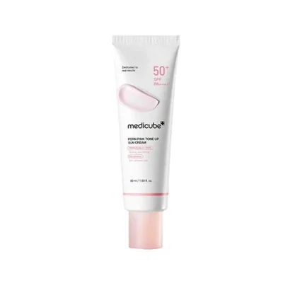 ضدآفتاب مدی کیوب صورتی تون آپ حاوی گلوتاتیون و PDRN جوانساز با SPF50+ حجم 50 میل