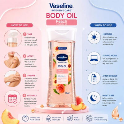 روغن بدن ژلی وازلین مدل Vaseline Intensive Care Peach Vitamin B3 Body Oil حجم 200 میل